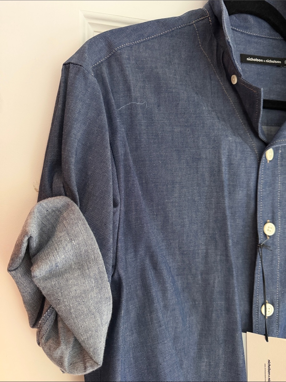 NET Nicholson & Nicholson made in Japan cropped Blue Denim Button-Down Shirt - Picture 2 of 6